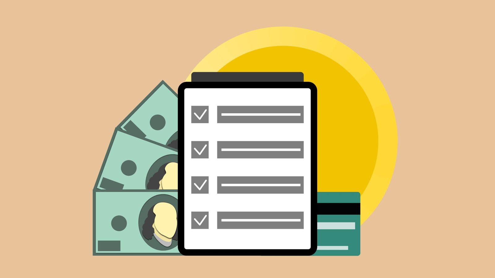 Vector illustration of modern tablet with check marks placed near dollar banknotes and credit card